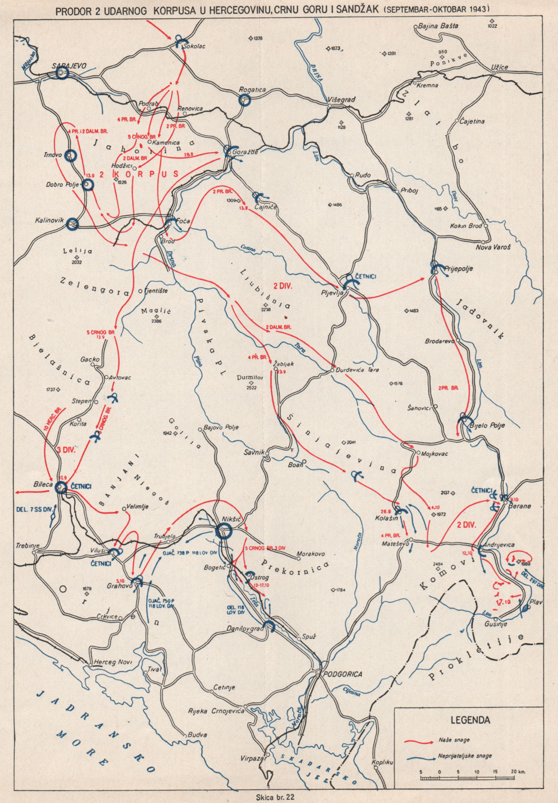 YUGOSLAVIA. 2 Corps in Herzegovina Montenegro Sandzak Sept-Oct 1943 1957 map